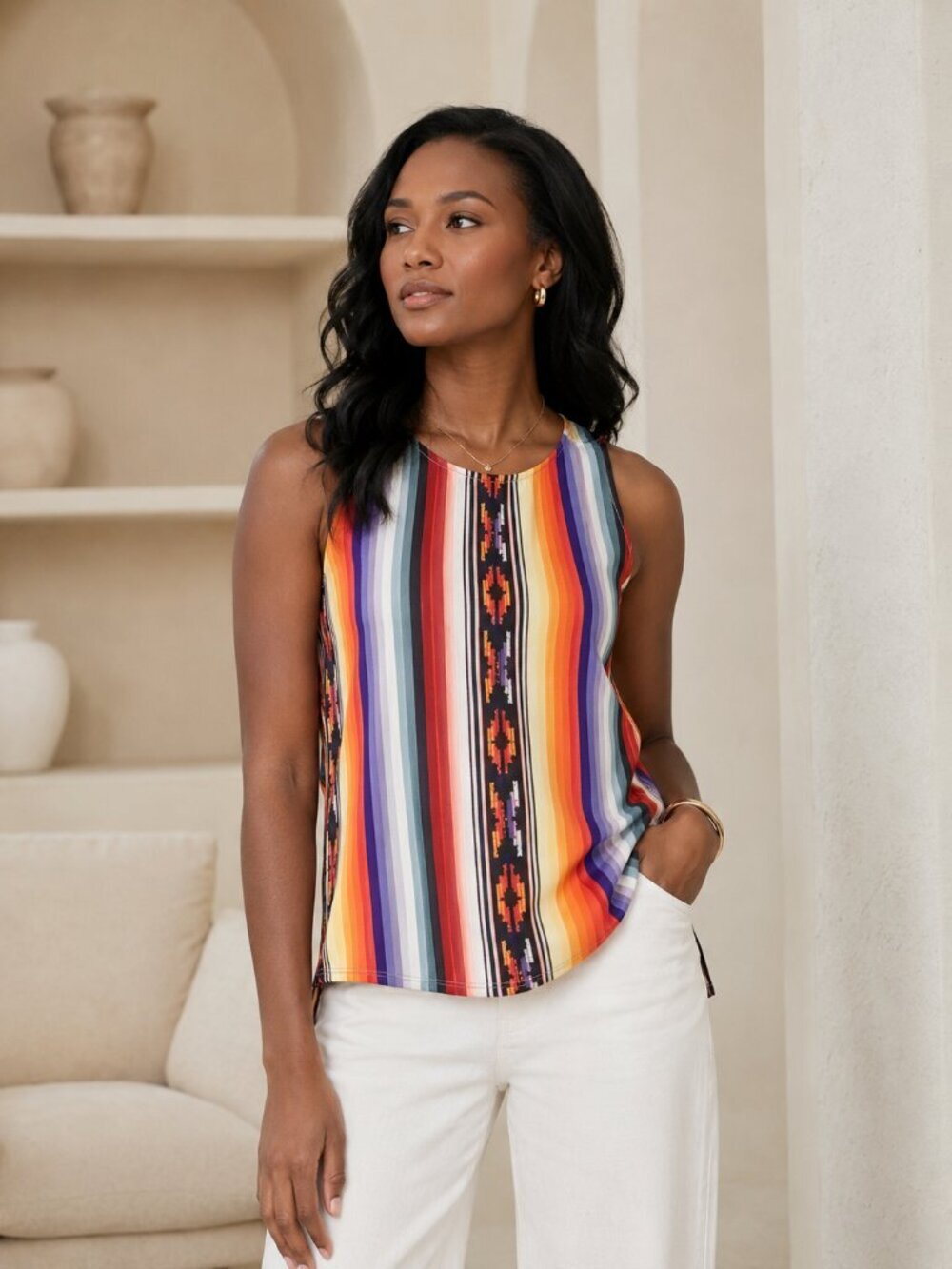 Parker Silk Southwest Stripe Tank Top Size S Boho Resort Colorful Sleeveless